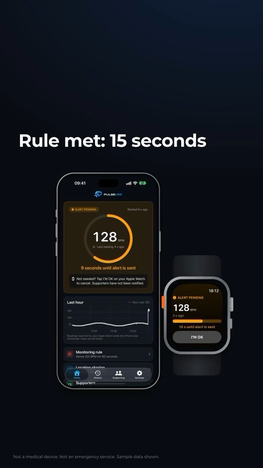 PULSELINK on iPhone and Apple Watch with an alert pending. Sample data.